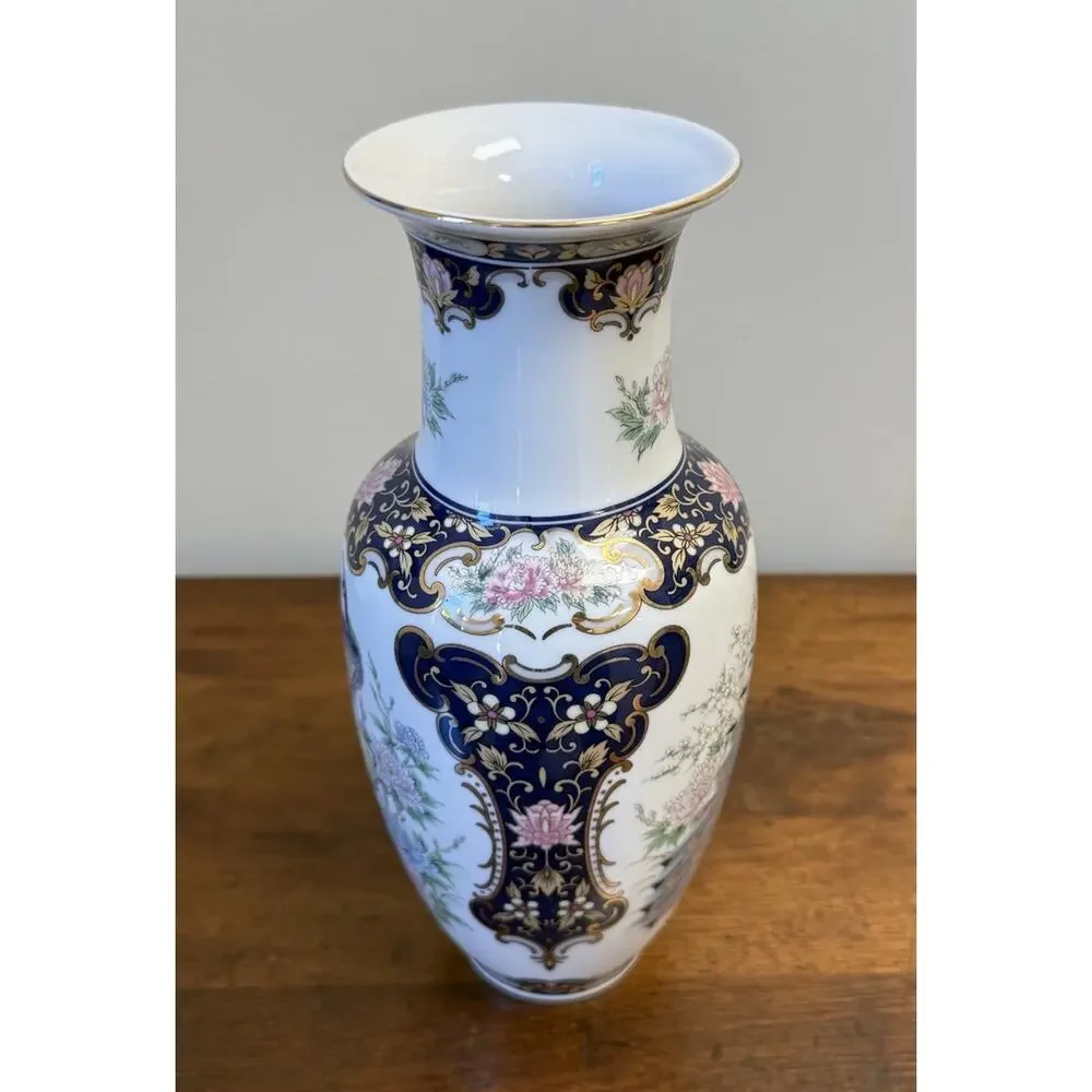 Vintage Japan Porcelain Peacock Floral Vase Cobalt Blue Gold Gilt 10.625